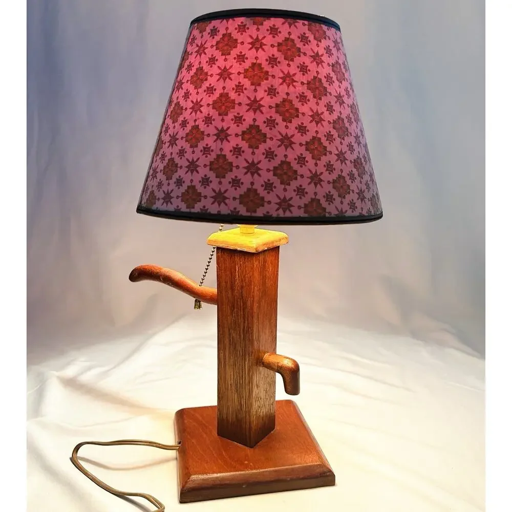 Vintage Wooden Water Pump Table Accent Lamp w/ Clip On Shade Cottage Grannychic